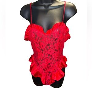 Vintage Gold Tag Victoria's Secret Red Scarlet Lace Sheer Lingerie Bodysuit M